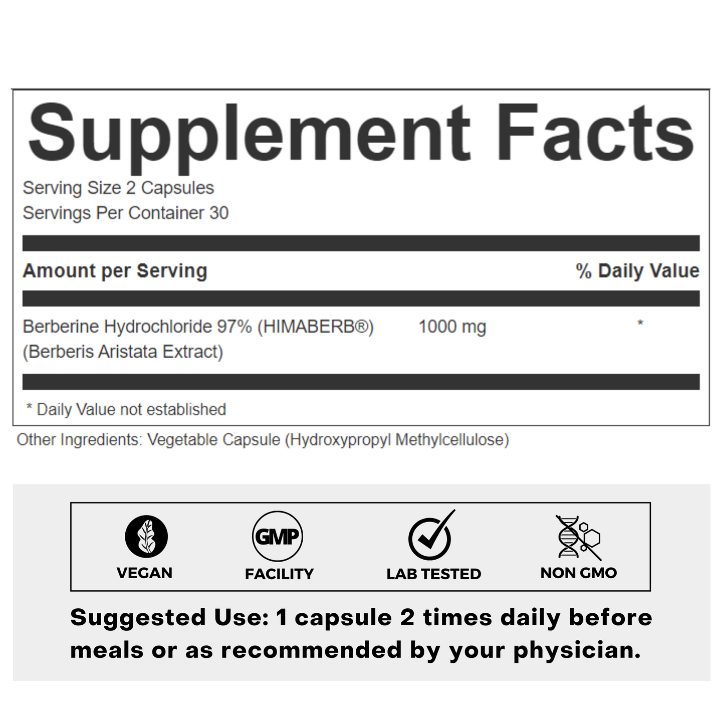 Berberine 97% High Strength Supplement Facts